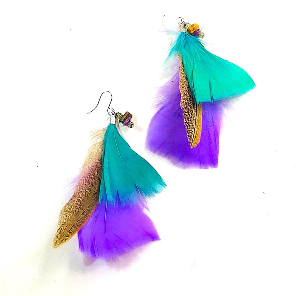 Handmade Crafted Aqua Purple Brown Feather Earrings by McGlamorous Boho Western